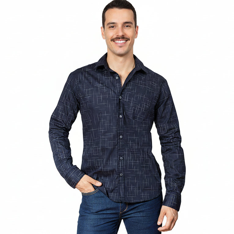 COLBY Long Sleeve Shirt in Navy Japanese Textured Print
