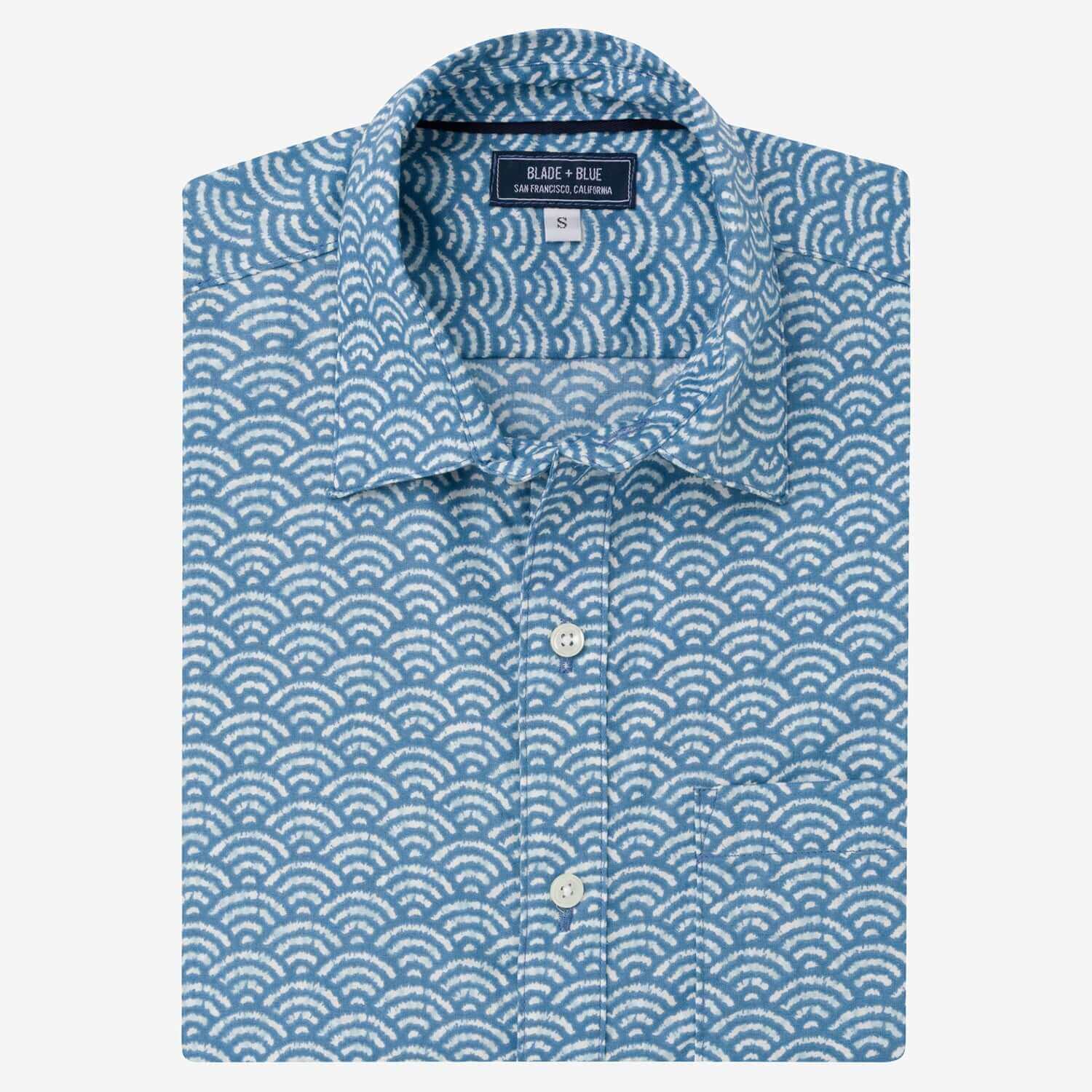 japanese dress shirts BEAU Short Sleeve Shirt in Inky Blue Japanese Wave Print XL