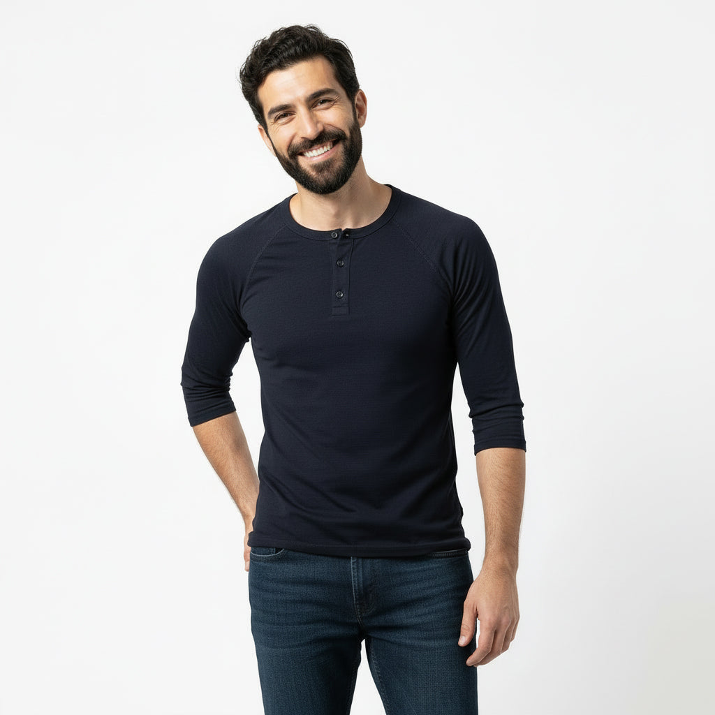 Solid Black Cotton 3/4 Raglan Sleeve Henley - Made in USA