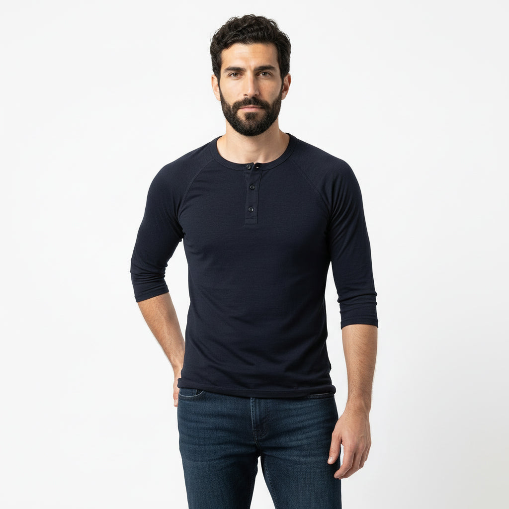 Solid Black Cotton 3/4 Raglan Sleeve Henley - Made in USA