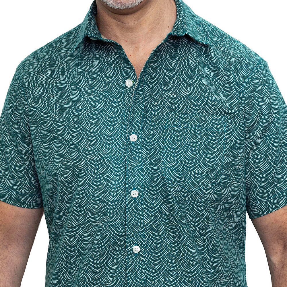 CHARLESTON Short Sleeve Shirt in Teal Green Japanese Wave Print