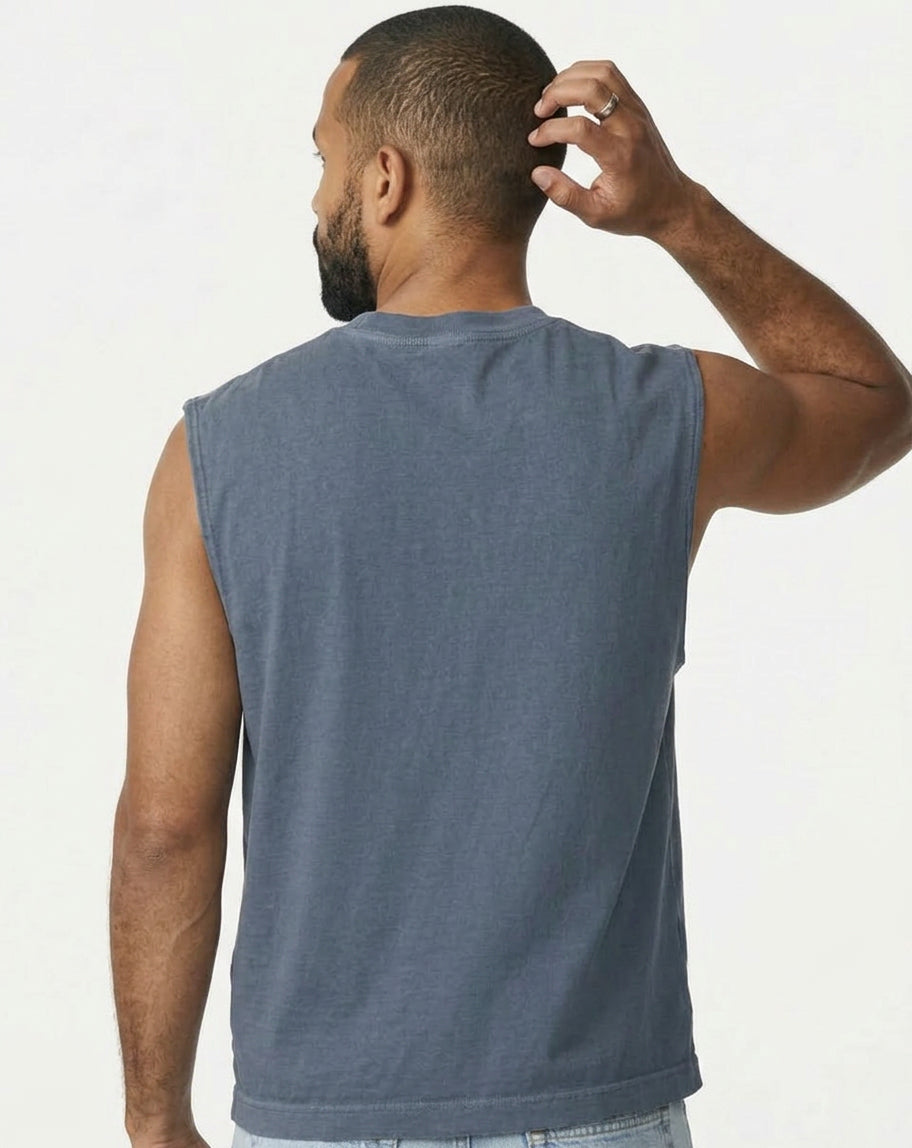 The "BOUNCER" Cotton Muscle Tank Top with Slight Crop in Faded Blue