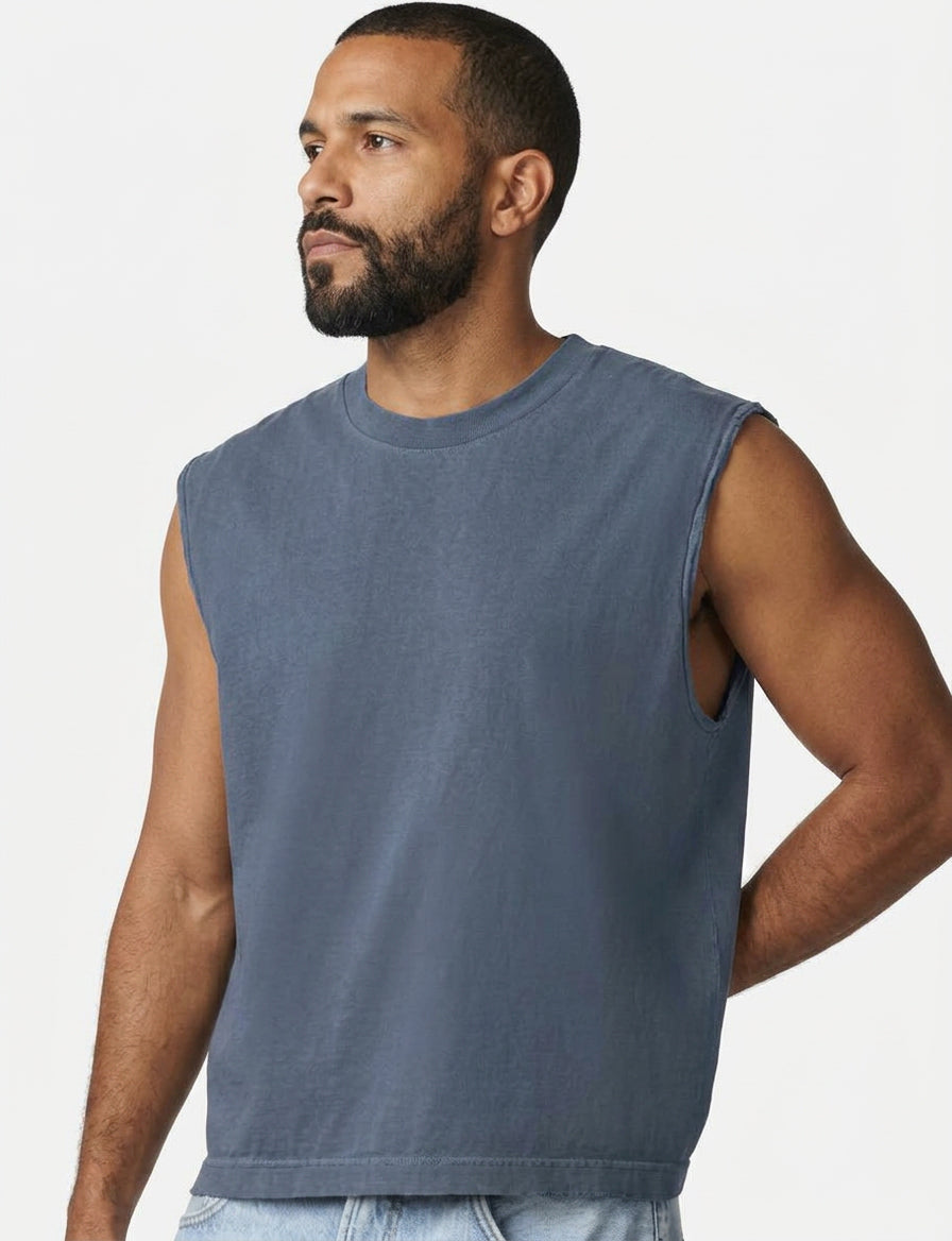The "BOUNCER" Cotton Muscle Tank Top with Slight Crop in Faded Blue