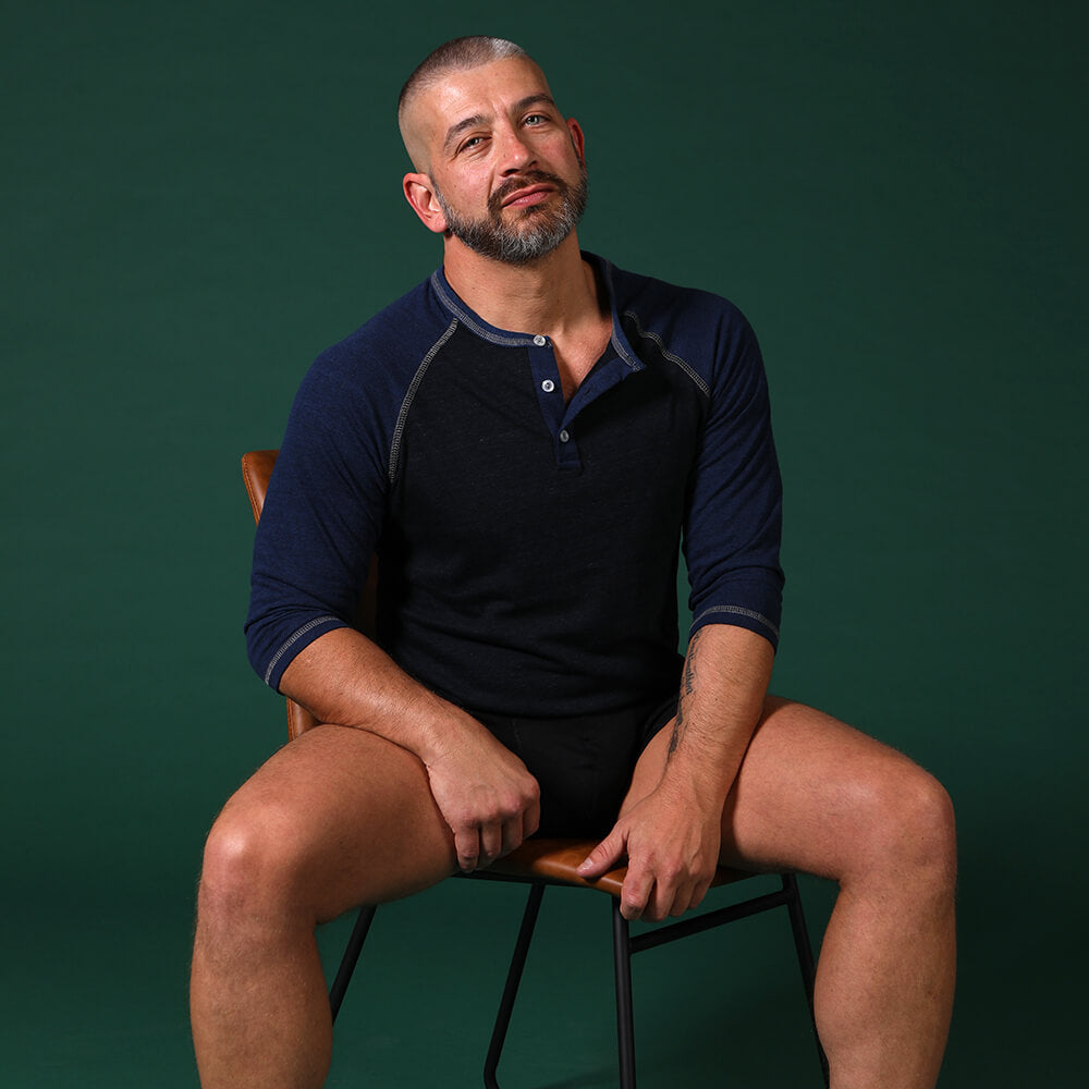 Royal Blue & Navy Contrast 3/4 Raglan Sleeve Henley - Made In USA (S & XL Available)