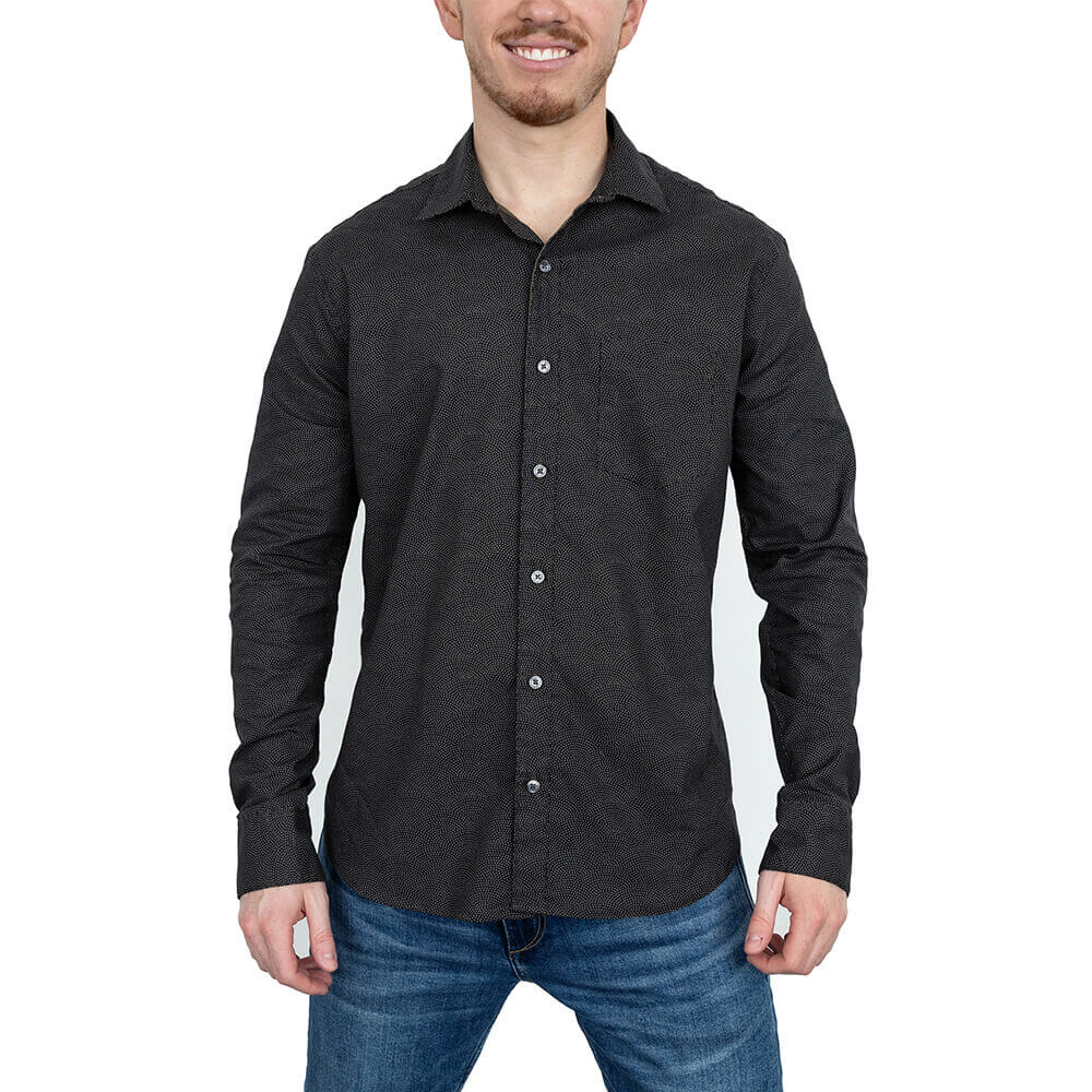 NEWMAN Long Sleeve Shirt in Navy & Olive Traditional Japanese Wave Print