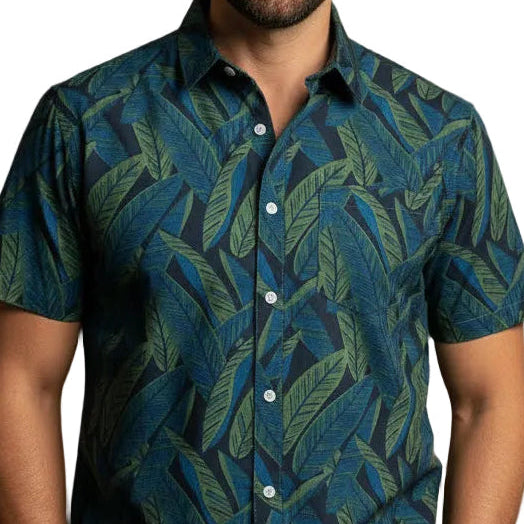 MARCUS Short Sleeve Shirt in Blue & Olive Tropical Palms Print
