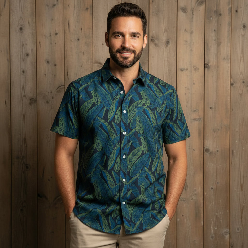 MARCUS Short Sleeve Shirt in Blue & Olive Tropical Palms Print