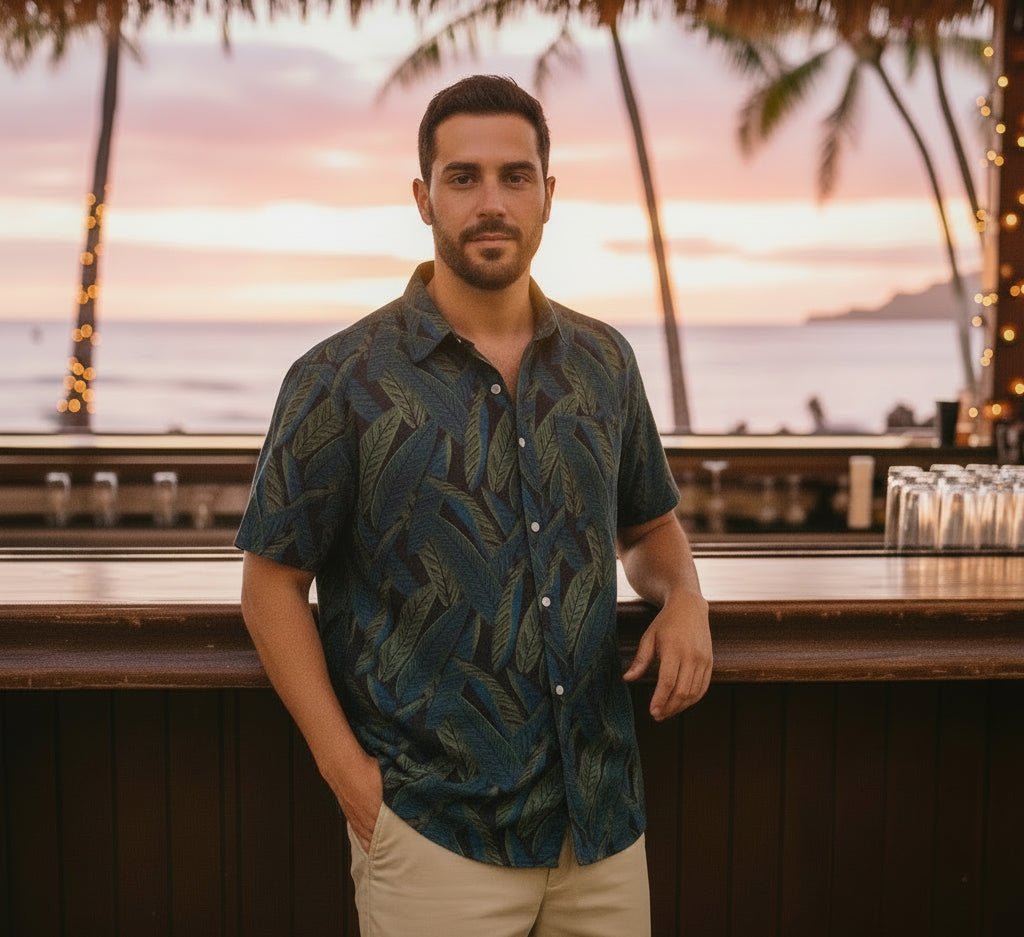 MARCUS Short Sleeve Shirt in Blue & Olive Tropical Palms Print