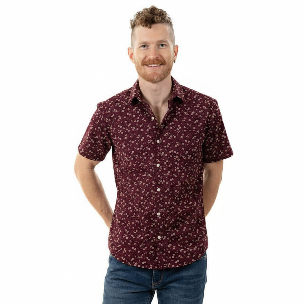 JAMISON Short Sleeve Shirt in Mulberry Purple Japanese Floral Print