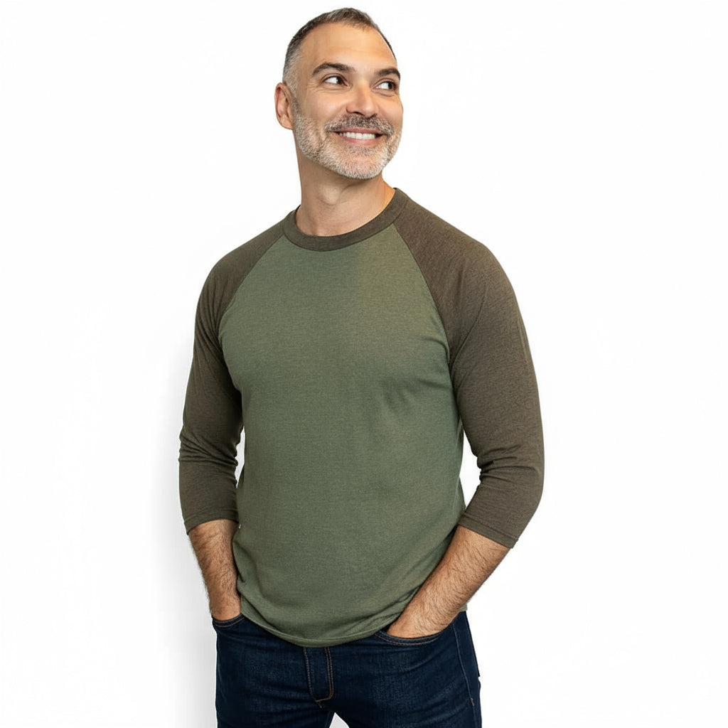 Olive & Espresso Heather Contrast 3/4 Raglan Sleeve Baseball Tee