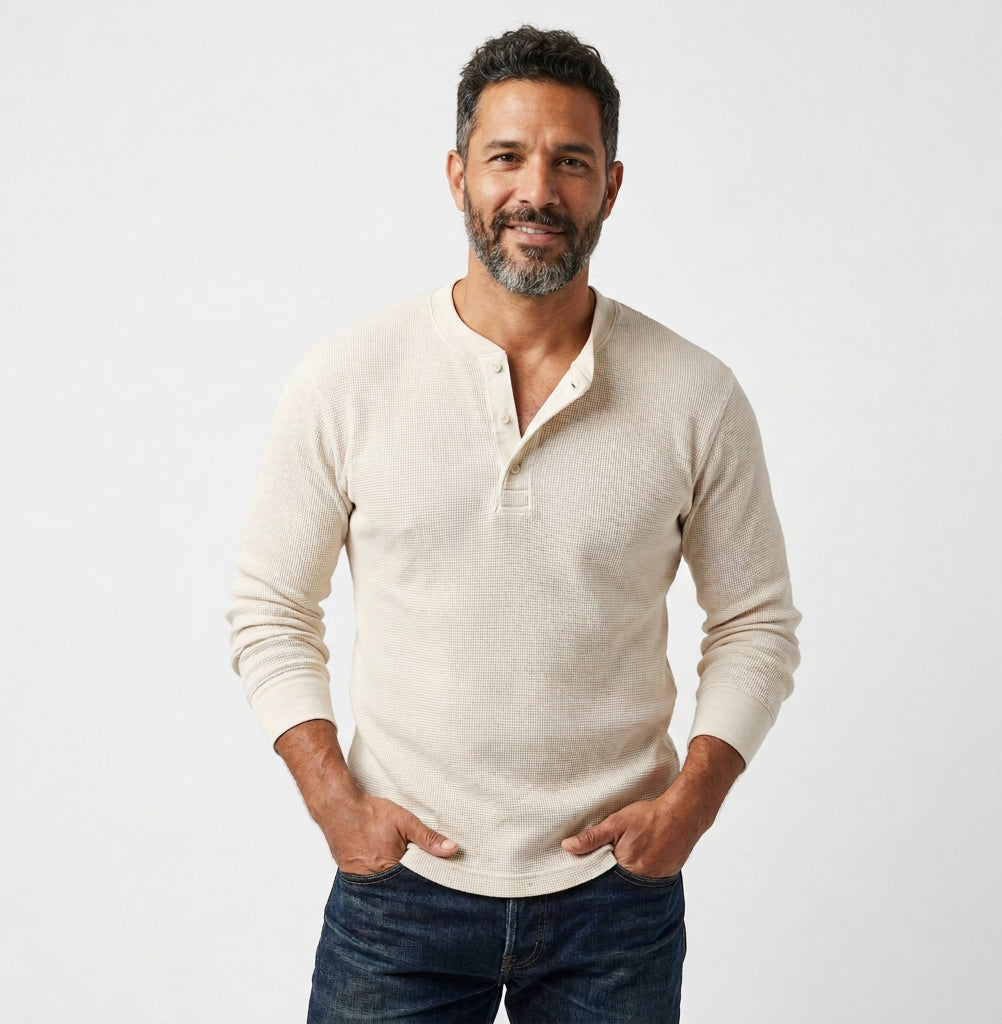 "RUSHER": Waffle Stitch Long Sleeve Military Henley Shirt in Ecru - Made in USA