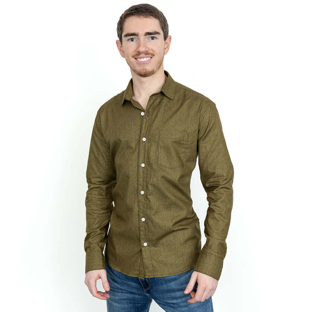 GARVER Long Sleeve Shirt in Olive All Over Japanese Solid Denim-Like Print