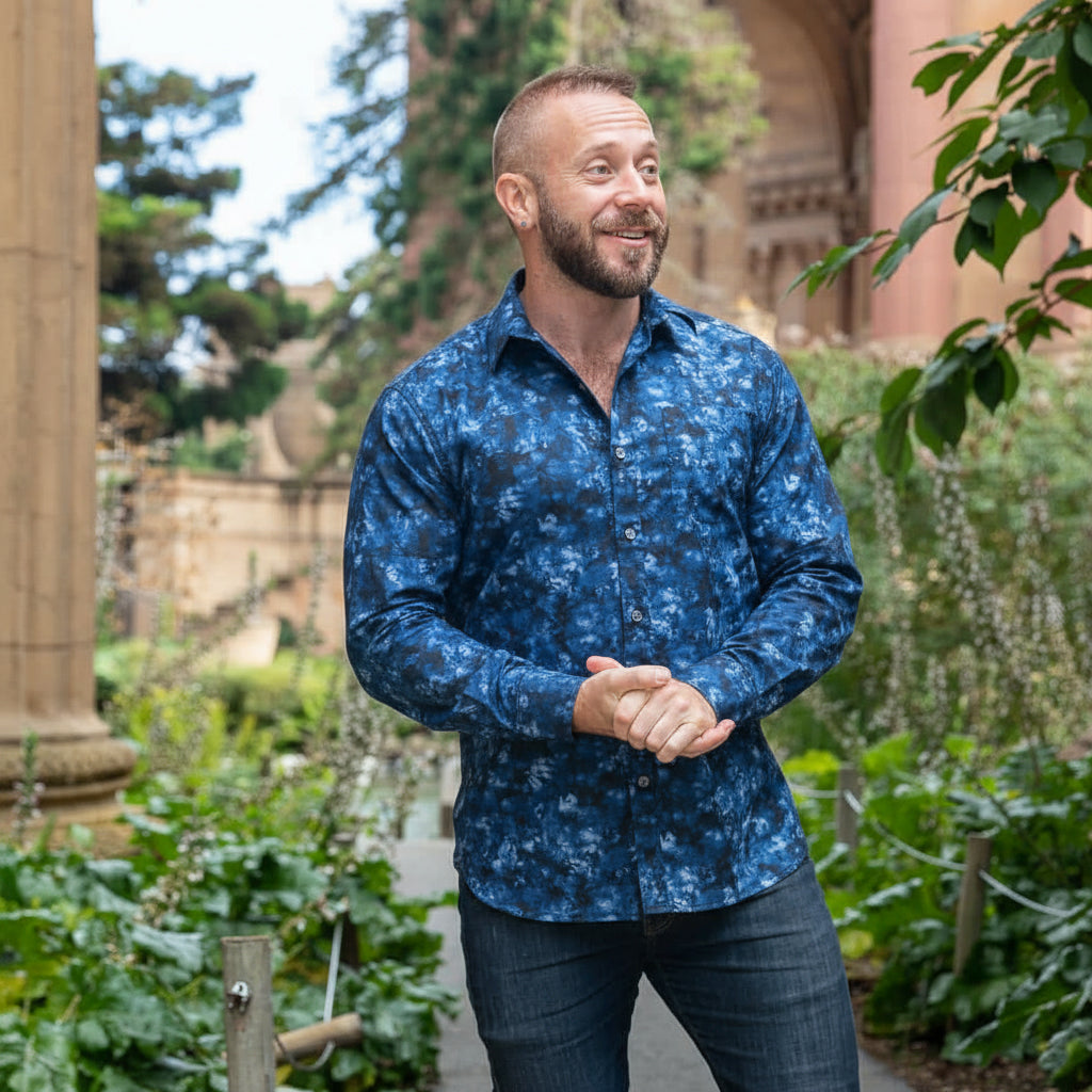 FREDDY Long Sleeve Shirt in Indigo Blues Japanese Marbled Print