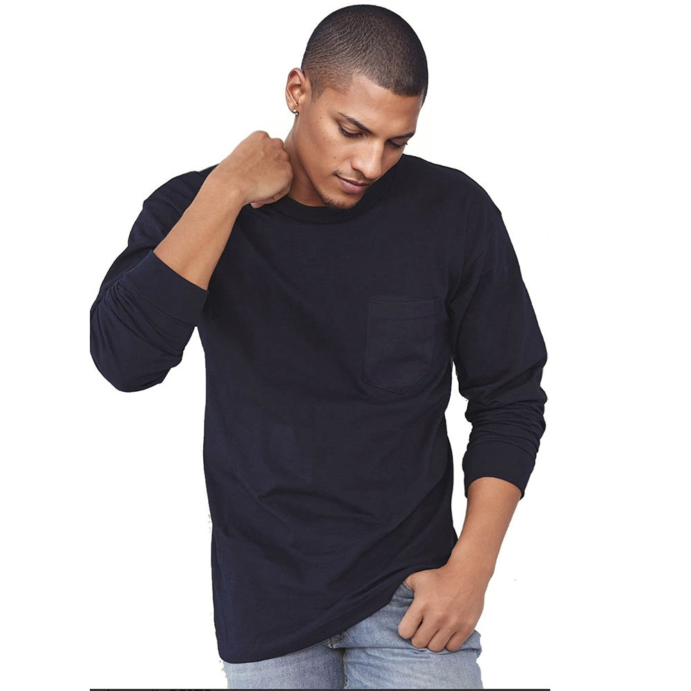 Navy Blue Heavyweight Cotton Long Sleeve Pocket T-Shirt - Made in USA (XL Available)