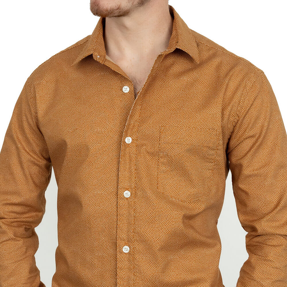 ROLLIE Camel Long Sleeve Shirt with Traditional Japanese Wave Print S ROLLIE Camel Long Sleeve Shirt with Traditional Japanese Wave Print S