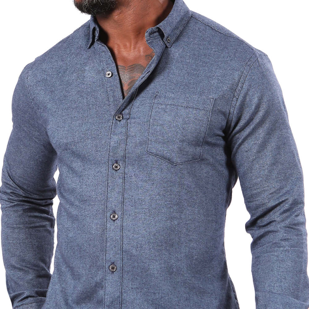 GAVIN Brushed Cotton Long Sleeve Shirt in Indigo Blue Melange Blade + Blue GAVIN Brushed Cotton Long Sleeve Shirt in Indigo Blue Melange Blade + Blue