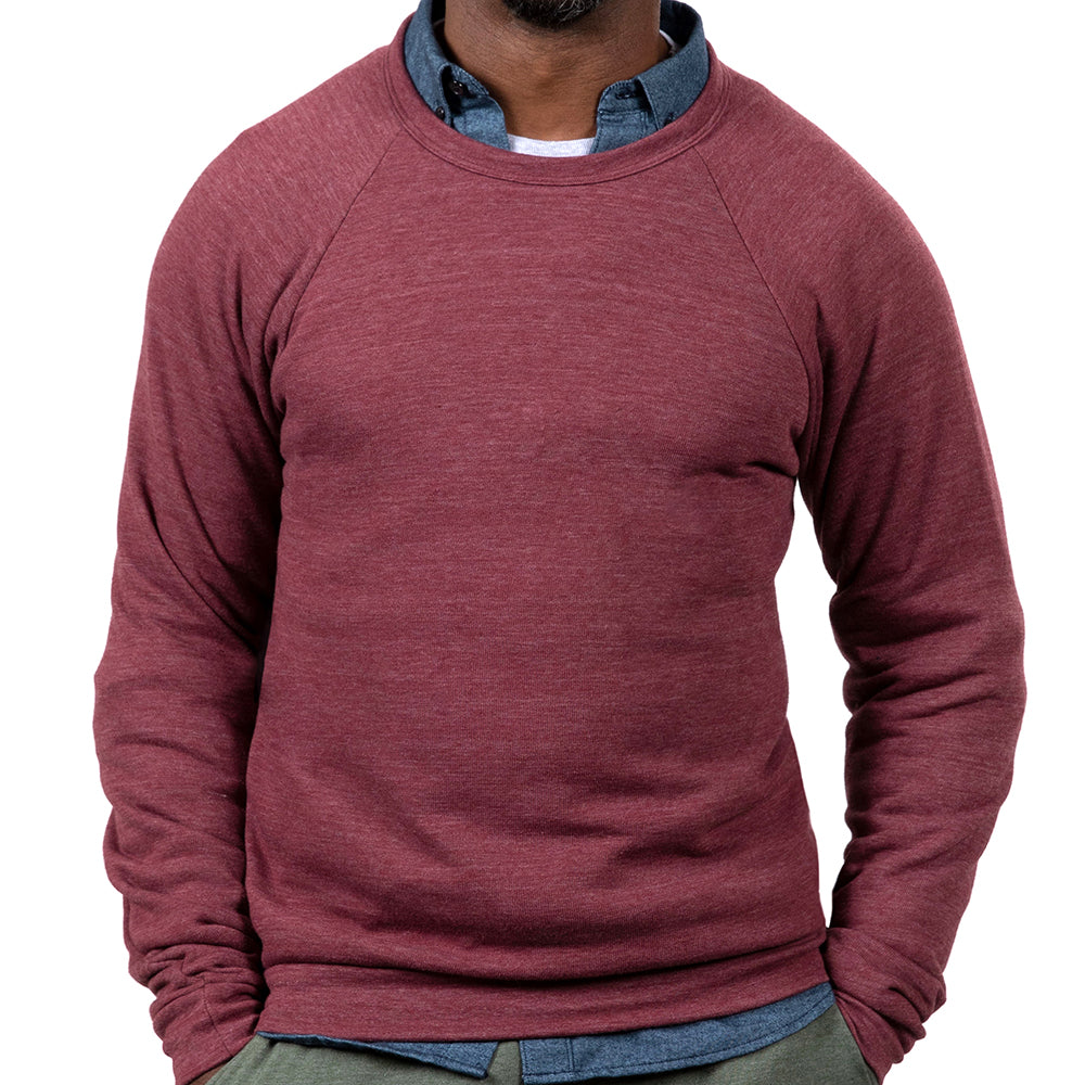 Burgundy Heather Marled Tri-Blend Raglan Sleeve Crewneck Sweatshirt-Sweater