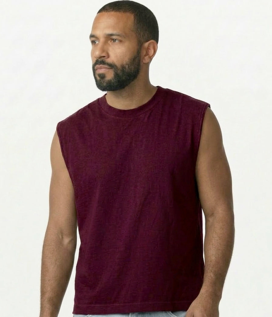 The "BOUNCER" Cotton Muscle Tank Top with Slight Crop in Overdyed Wine