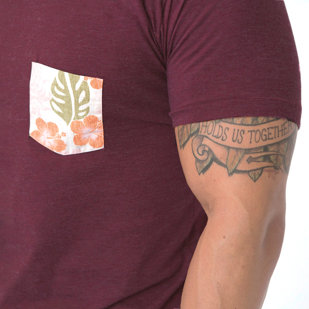 Cranberry Red With Hawaiian Hibiscus Floral Print Pocket Tee