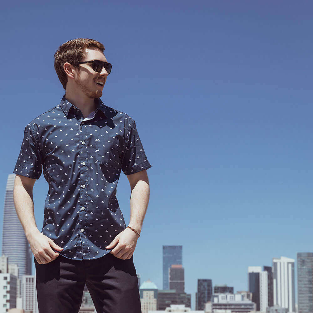 TIMO Short Sleeve Shirt in Peacock Blue Japanese "Uroko-Inspired" Print (Size S)