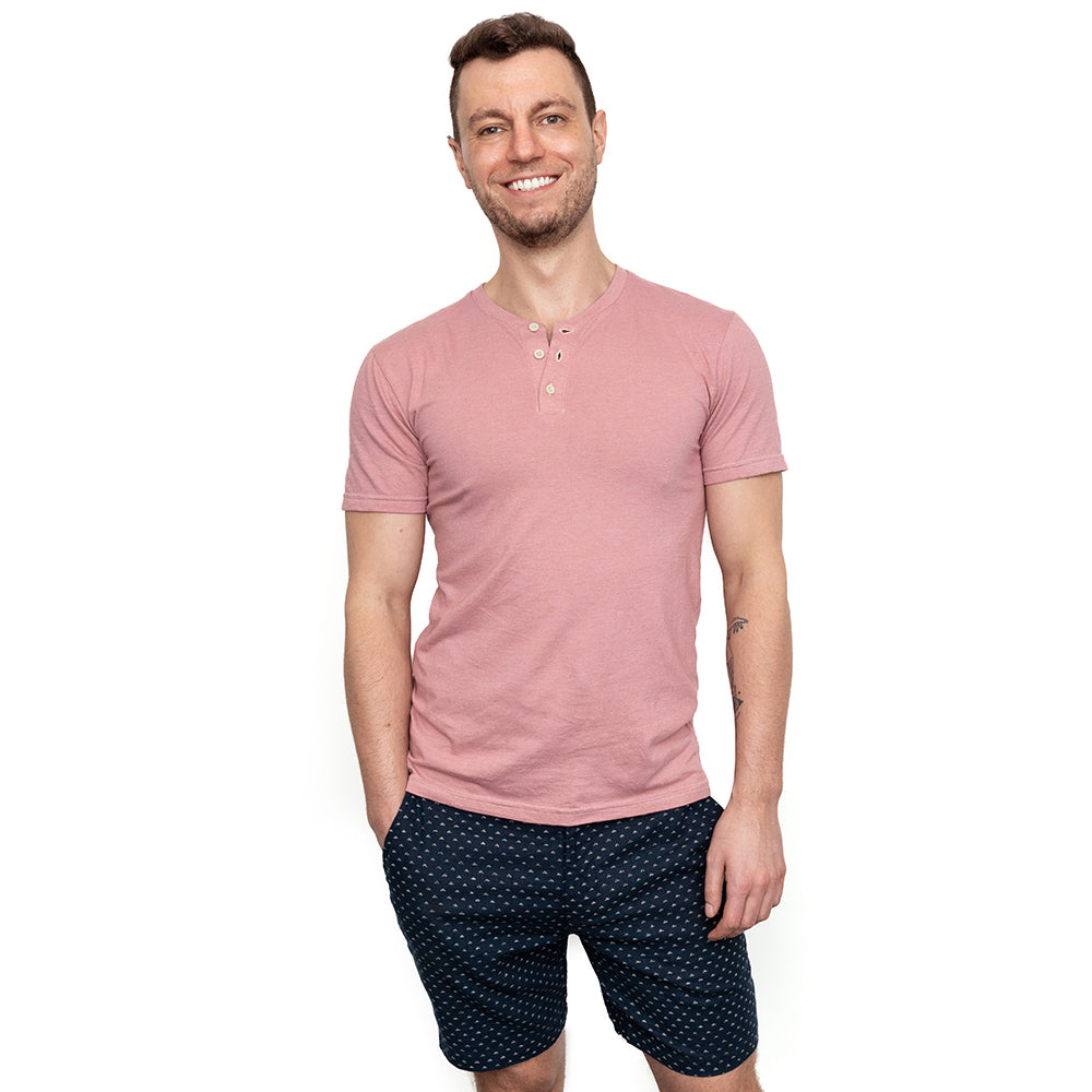 THE "SLUGGER" Short Sleeve Henley Tee in Spring Pink (Size L)