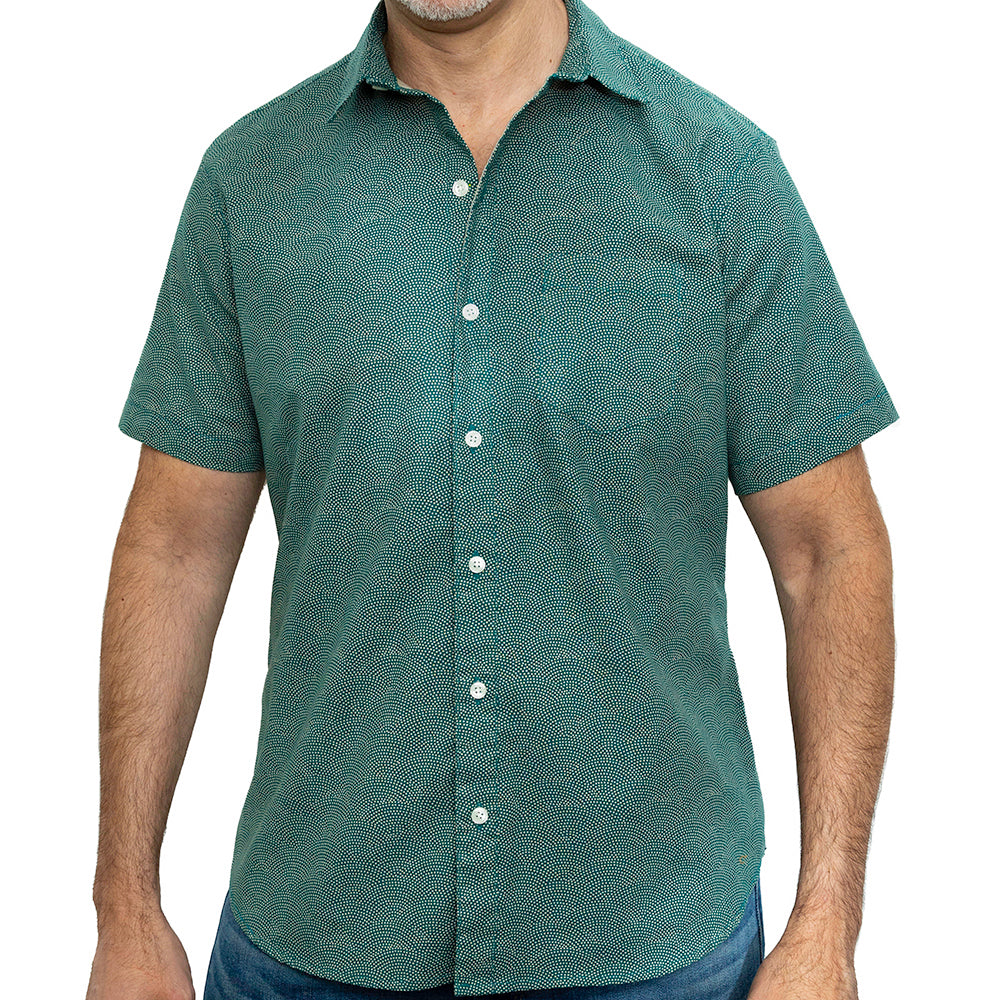 CHARLESTON Short Sleeve Shirt in Teal Green Japanese Wave Print