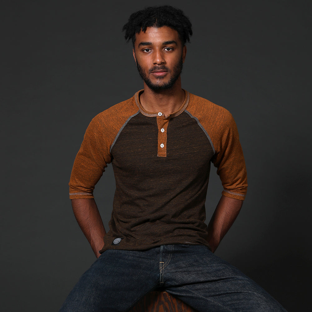 Camel & Chocolate Contrast 3/4 Raglan Sleeve Henley (XL Available)