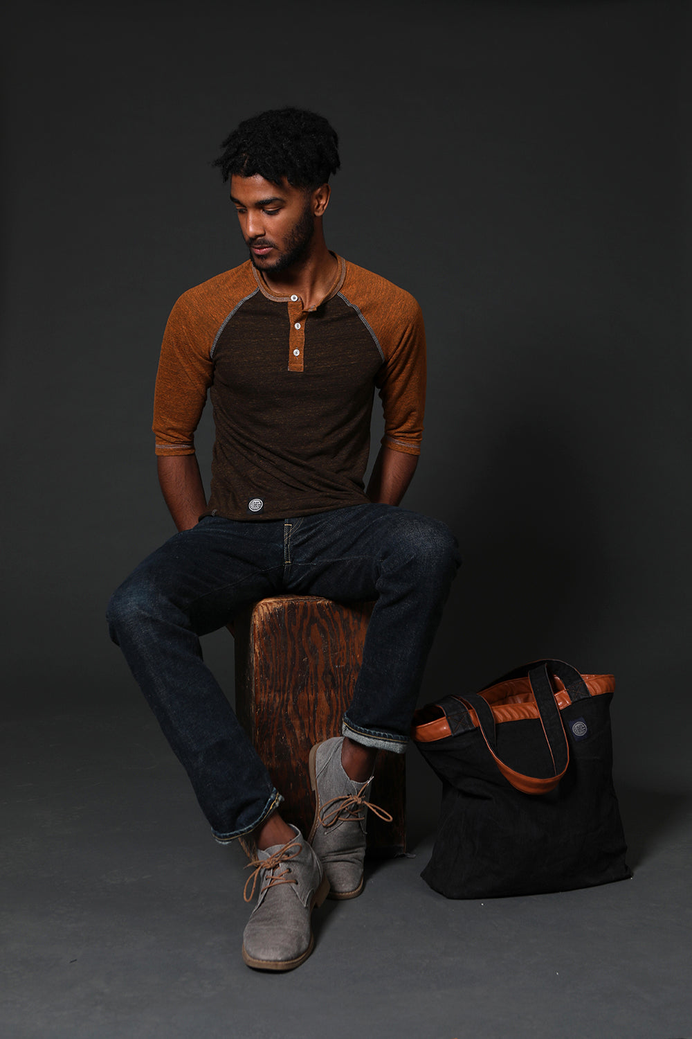 Camel & Chocolate Contrast 3/4 Raglan Sleeve Henley (XL Available)