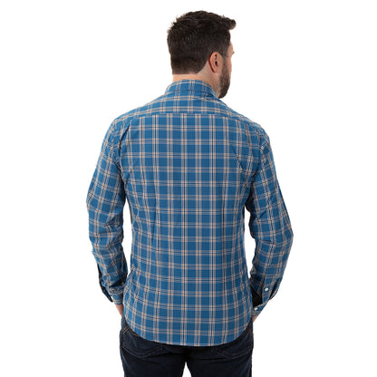 KINER Cotton Poplin Long Sleeve Shirt in Blue, White With Caramel Plaid