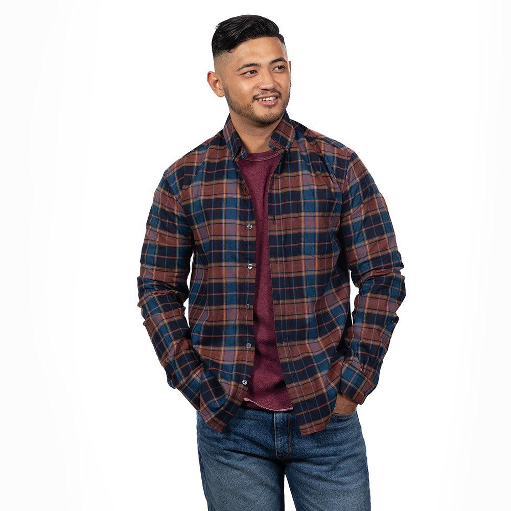 TENNANT Brushed Cotton Long Sleeve Shirt in Blue, Burgundy &amp; Copper Plaid