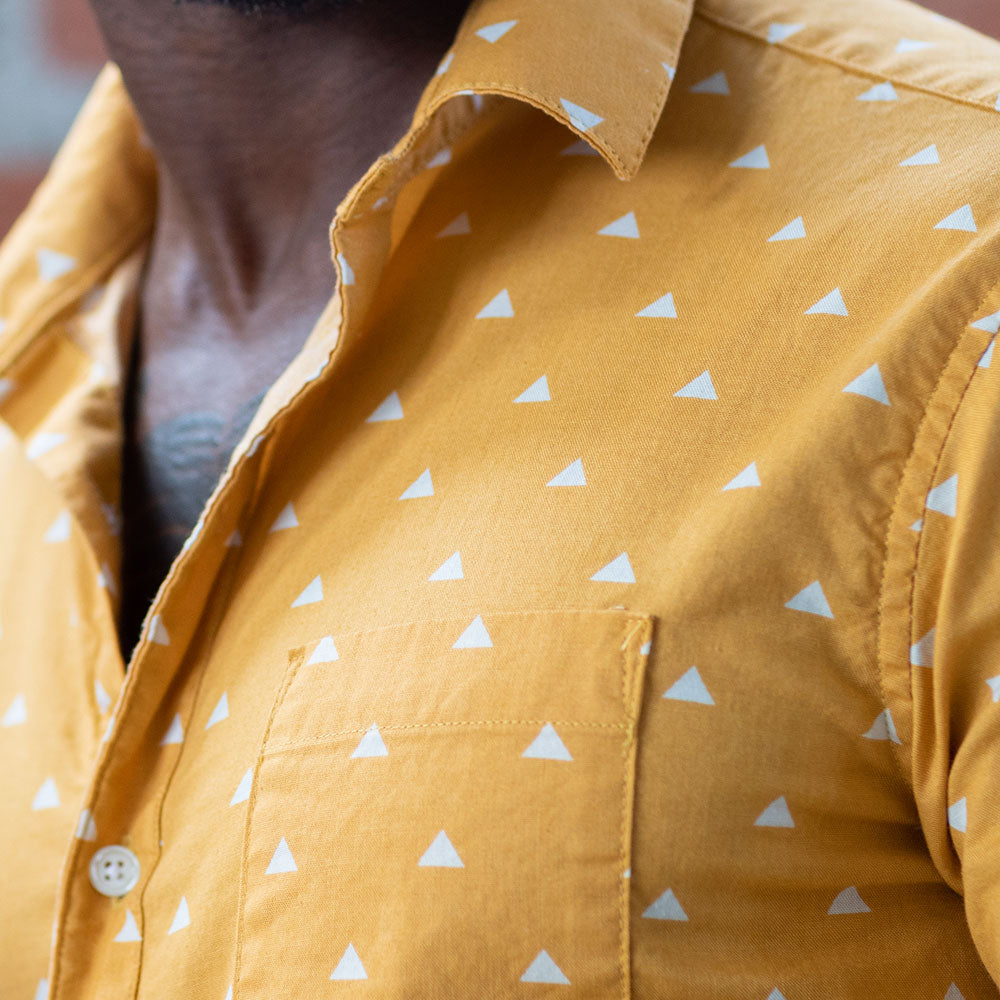 BENEDICT" Gold & White Japanese "Uroko-Inspired" Print Short Sleeve Shirt - Made In USA Blade + Blue BENEDICT" Gold & White Japanese "Uroko-Inspired" Print Short Sleeve Shirt - Made In USA Blade + Blue