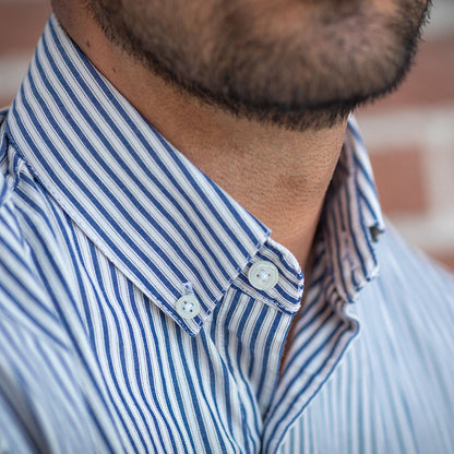 &quot;KRAMDEN&quot; - Indigo Blue &amp; White Japanese Stripe Short Sleeve Shirt - Made In USA