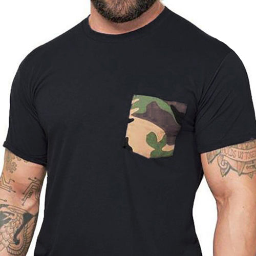 Black with Green Camouflage Print Pocket Tee