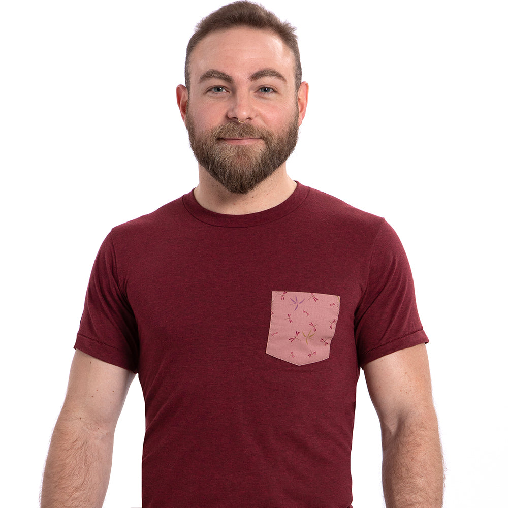 Burgundy Heather with Pink Dragonflies Print Pocket Tee - Made In USA (SIZE L)