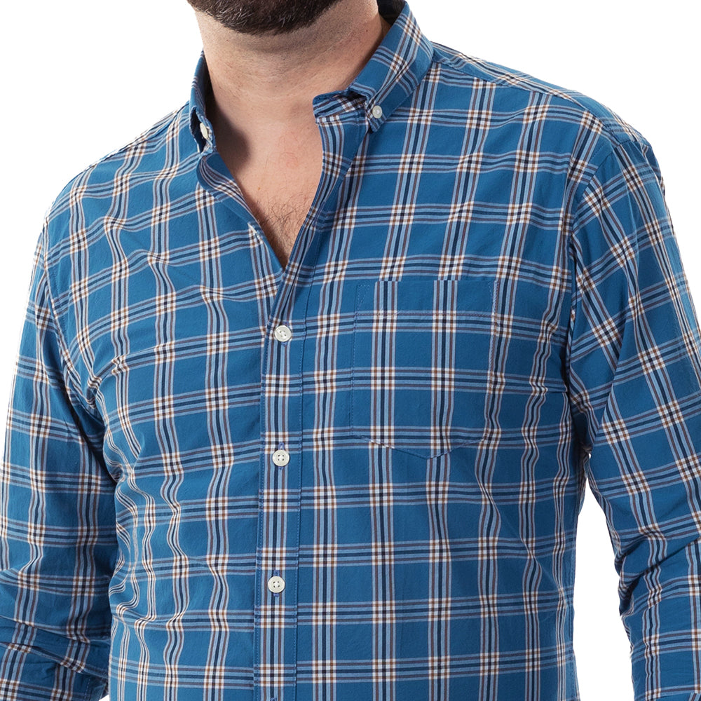 KINER Cotton Poplin Long Sleeve Shirt in Blue, White With Caramel Plaid