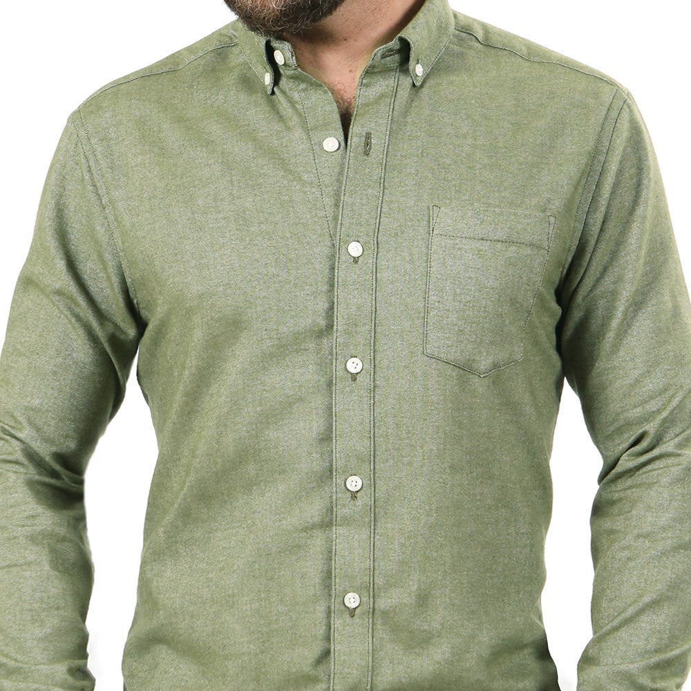 McCOY Brushed Cotton Long Sleeve Shirt in Olive Melange