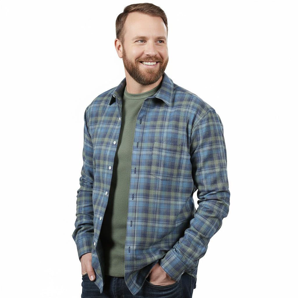 VAUGHN Long Sleeve Shirt in Brushed Organic Cotton Blue &amp; Green Flannel Plaid