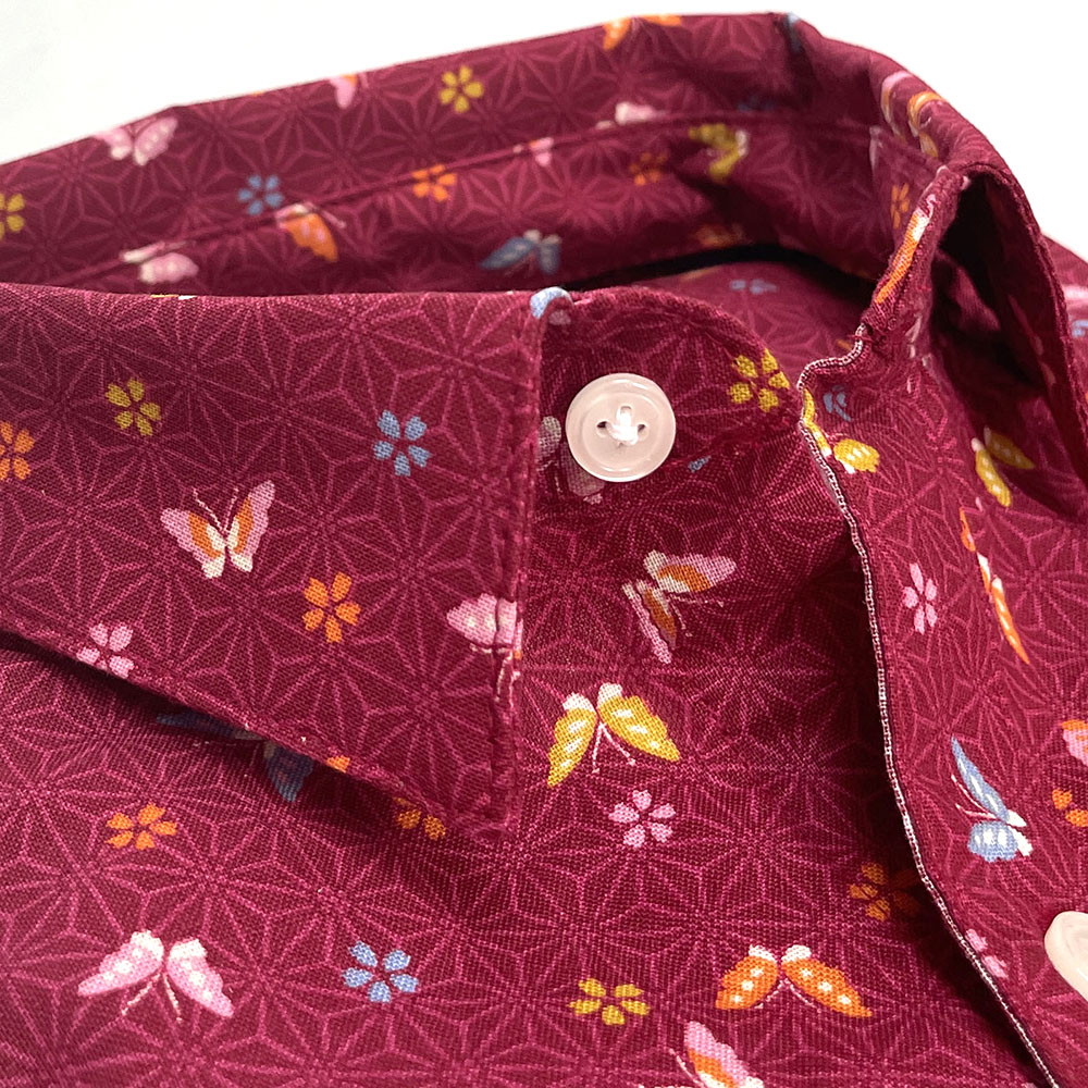 "HARLAN" - Berry Red Traditional Japanese Butterfly Print Short Sleeve Shirt - Made In USA