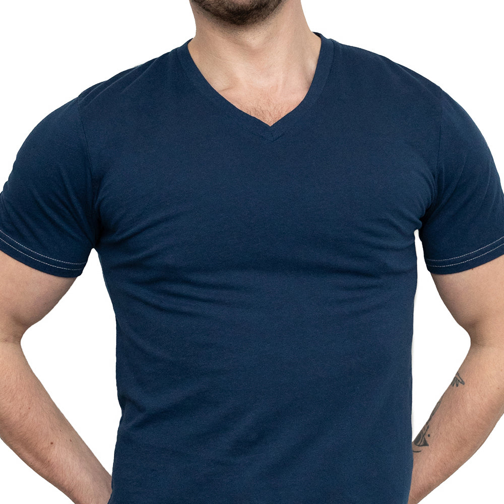 Navy Blue Cotton V-Neck Short Sleeve Tee - Made In USA