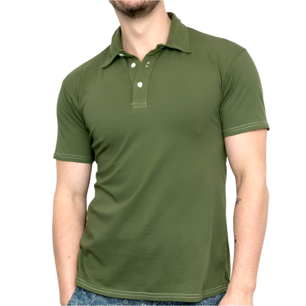 THE "HURLER" Organic Cotton Jersey Polo Shirt in Martini Olive Green