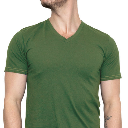 Army Green Cotton V-Neck Short Sleeve Tee - Made In USA