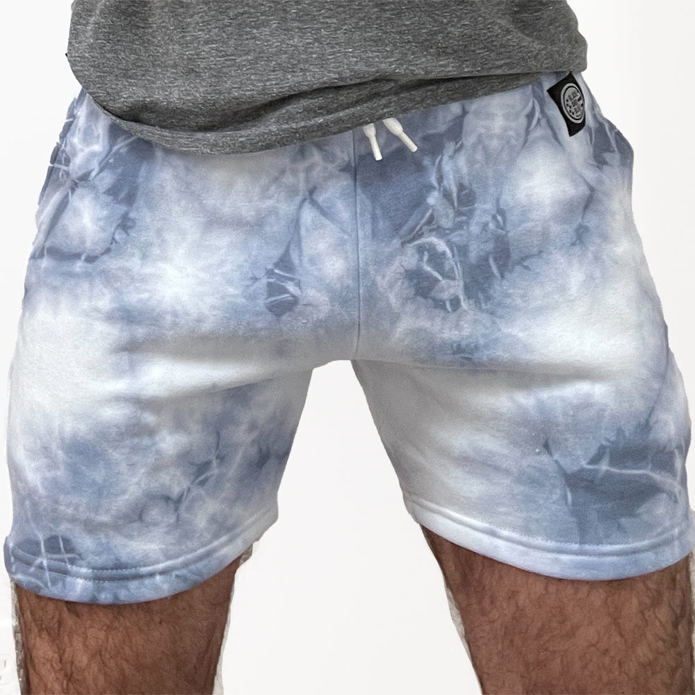 Blue &amp; White Marbled Tie-Dye Hugger Sweat Shorts - Made In USA