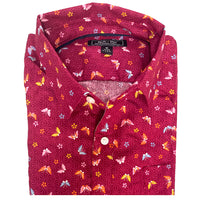 "HARLAN" - Berry Red Traditional Japanese Butterfly Print Short Sleeve Shirt - Made In USA