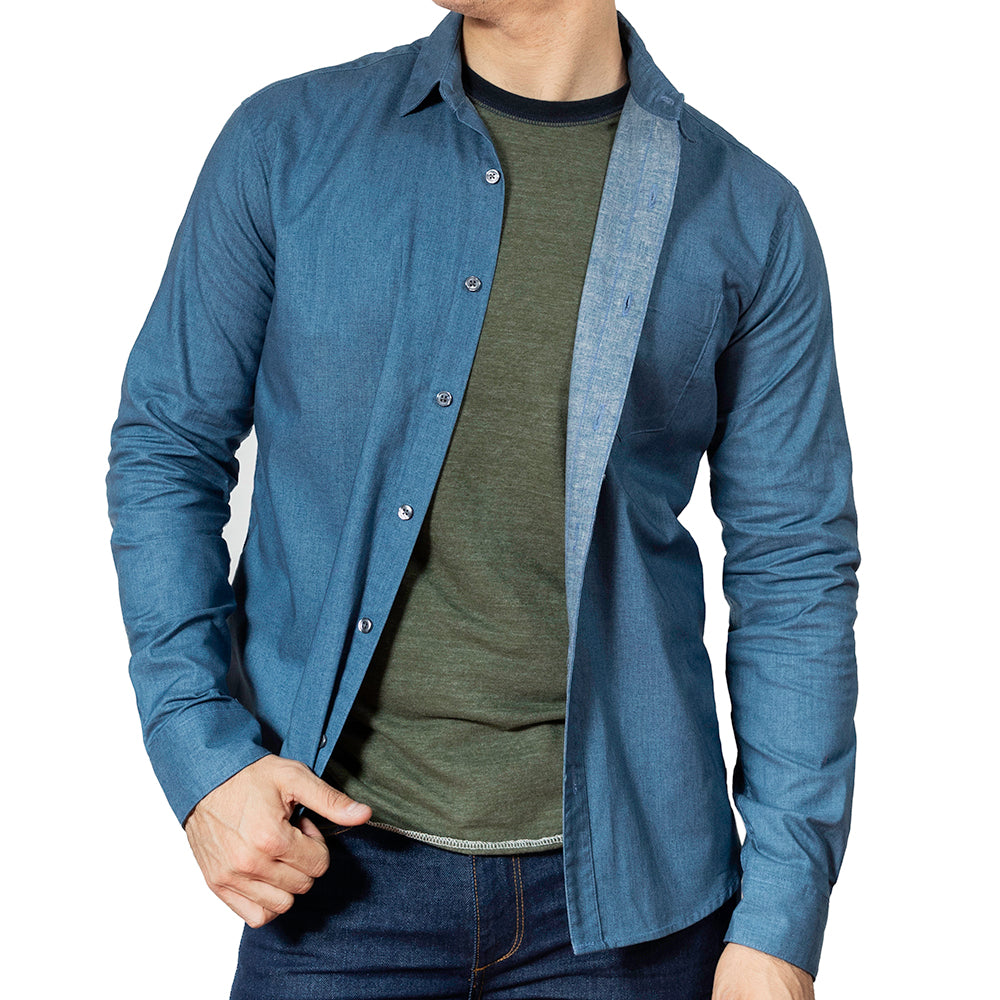 WALTON Long Sleeve Shirt in Blue All Over Japanese Solid Denim-Like Print