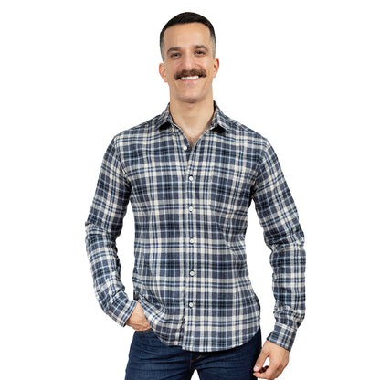 RICHMOND Long Sleeve Shirt in Brushed Cotton Blue &amp; White Herringbone Weave Plaid