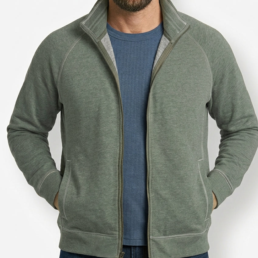 Olive Heather Full Zip Fleece Stand-Up Neck Collar Jacket