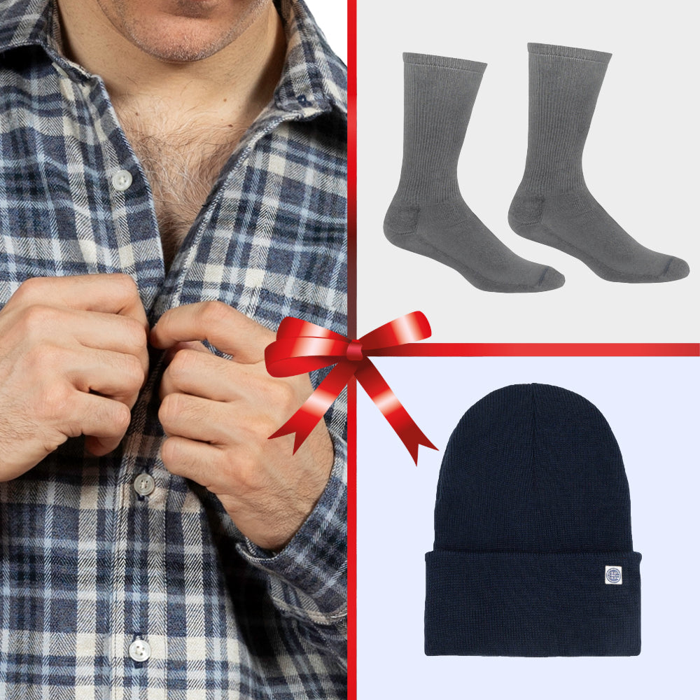GIFT SET in Blue &amp; Grey: Flannel, Hat &amp; Socks