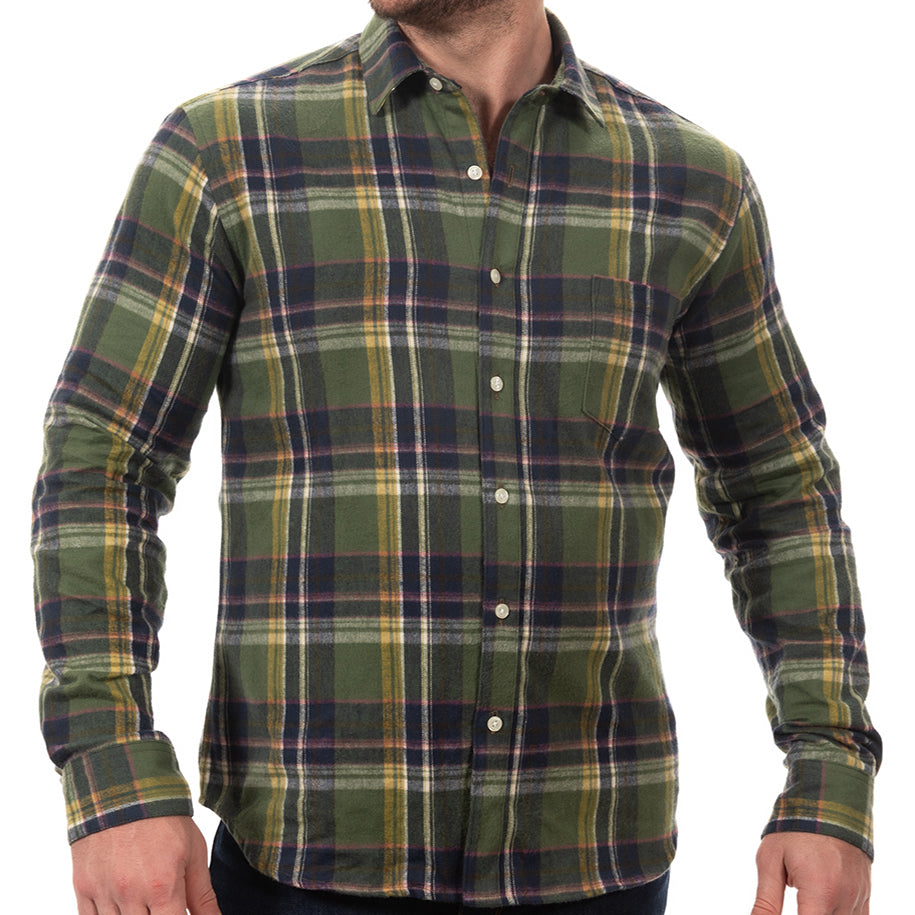 DUFFY Brushed Cotton Flannel Shirt in Olive, Navy &amp; Gold