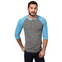 75% OFF AFTER CODE: WOW25 Sky Blue & Heather Grey Contrast 3/4 Raglan Sleeve Tri-Blend Henley - Made In USA