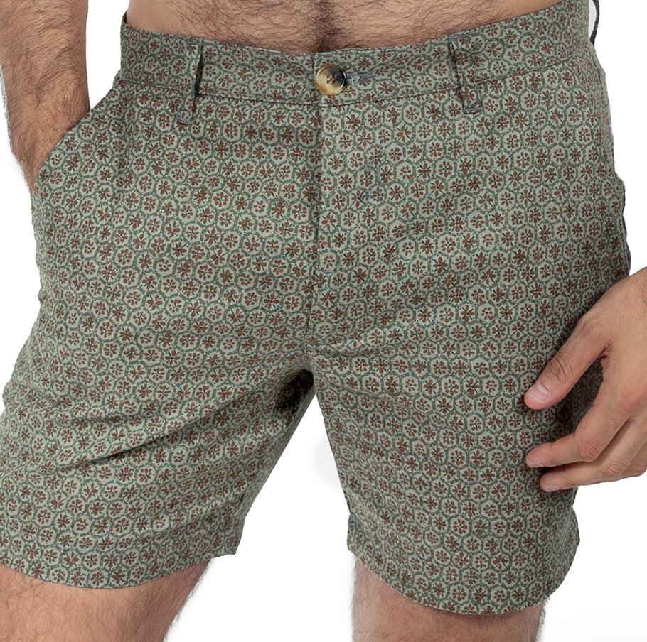 Khaki Japanese Floral Mosaic Print Cotton Shorts - Made in USA